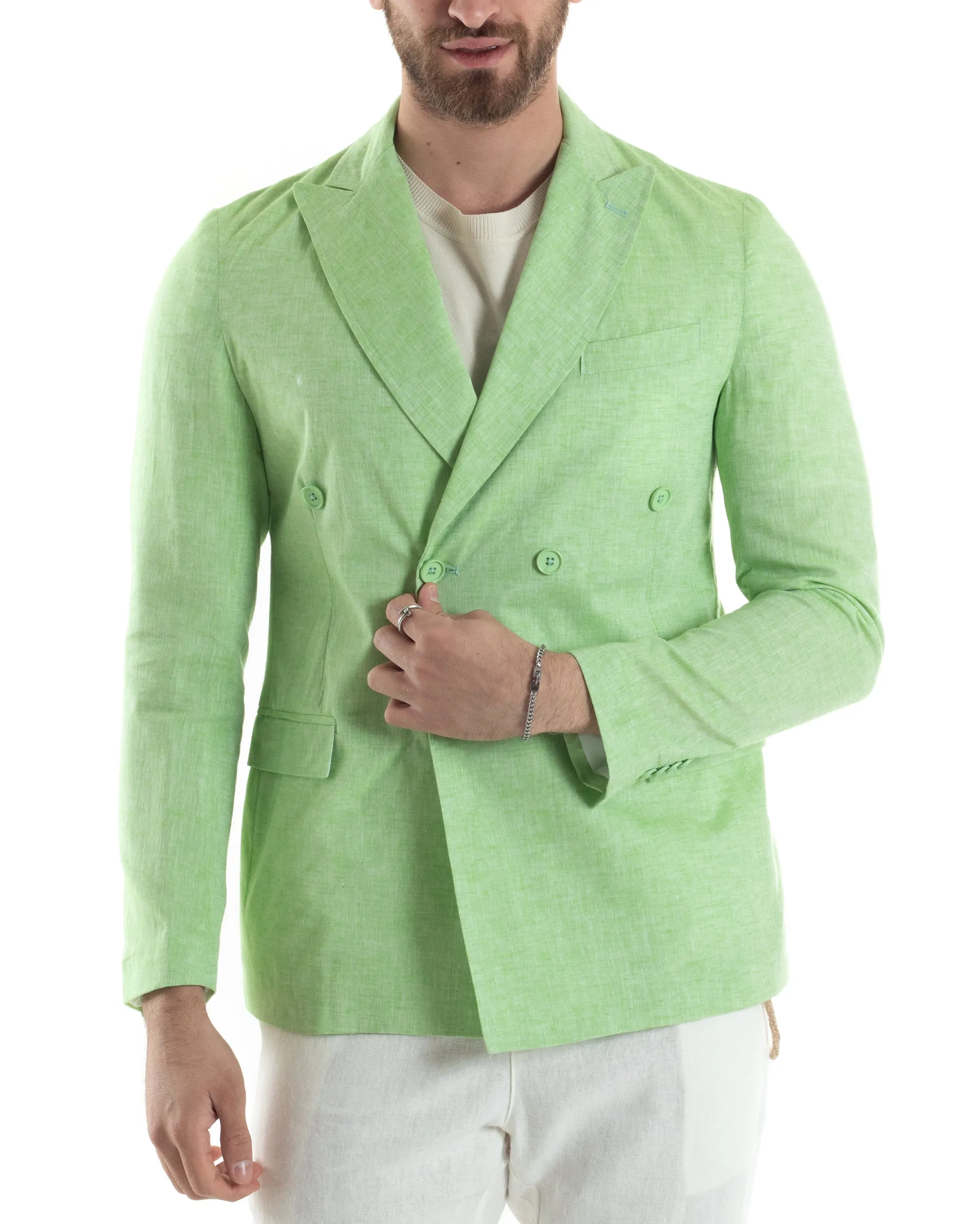 Giacca Uomo Lino Doppiopetto Melangiata Cerimonia Elegante Casual Verde Acido GIOSAL-G3180A