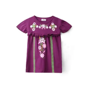 Girls Printed Soft Cotton Cut & Sew Dark Purple Frock