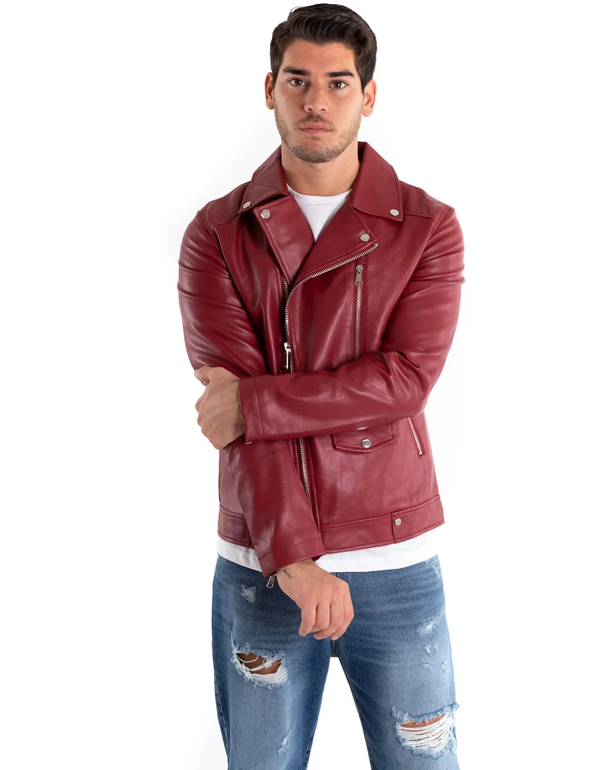 Giubbotto Uomo Biker Chiodo Ecopelle Tinta Unita Bordeaux GIOSAL-G2868A