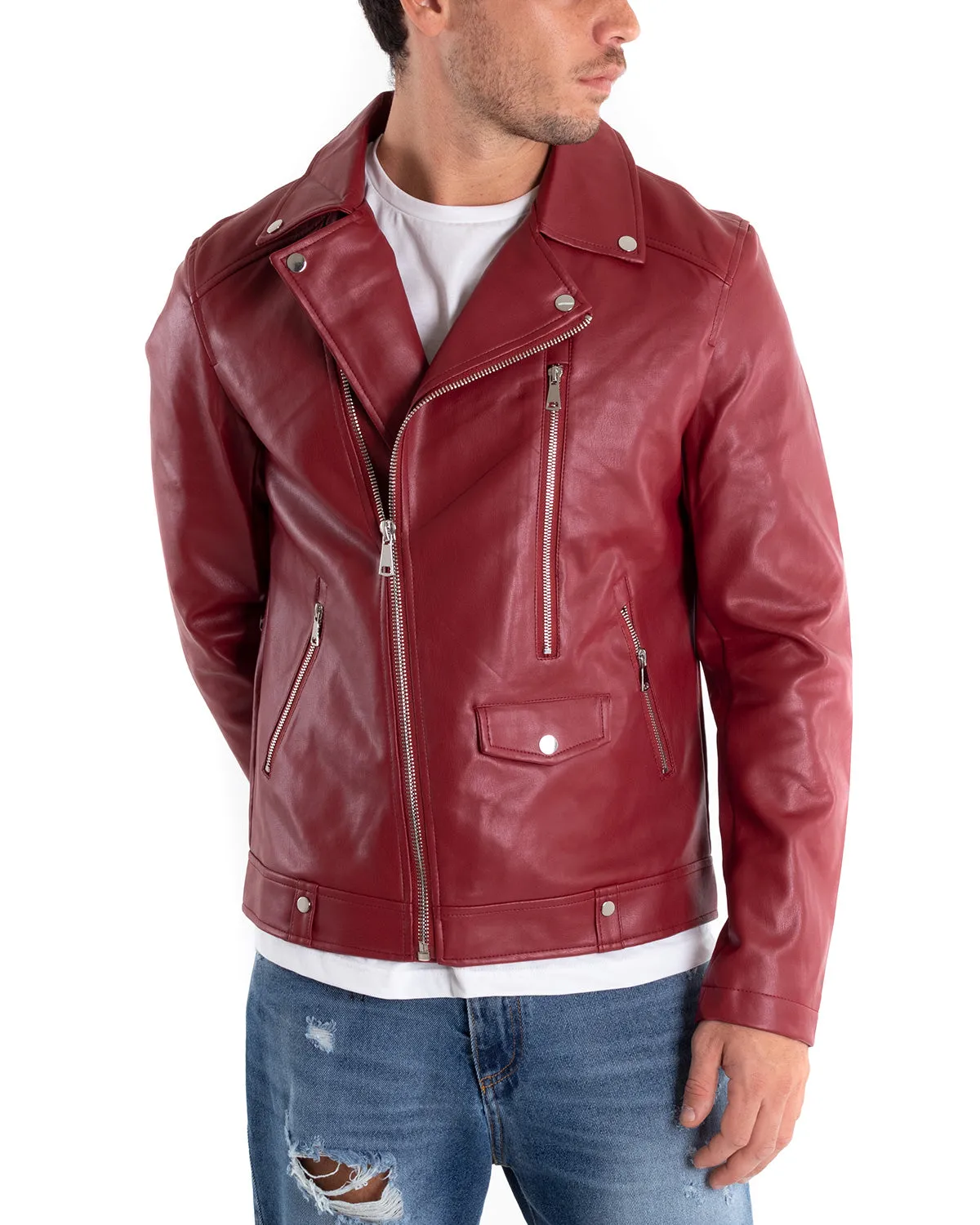 Giubbotto Uomo Biker Chiodo Ecopelle Tinta Unita Bordeaux GIOSAL-G2868A