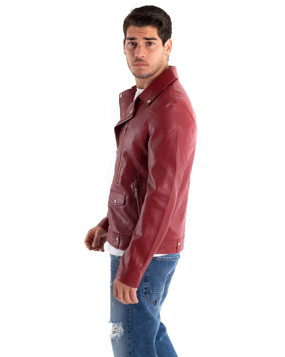 Giubbotto Uomo Biker Chiodo Ecopelle Tinta Unita Bordeaux GIOSAL-G2868A