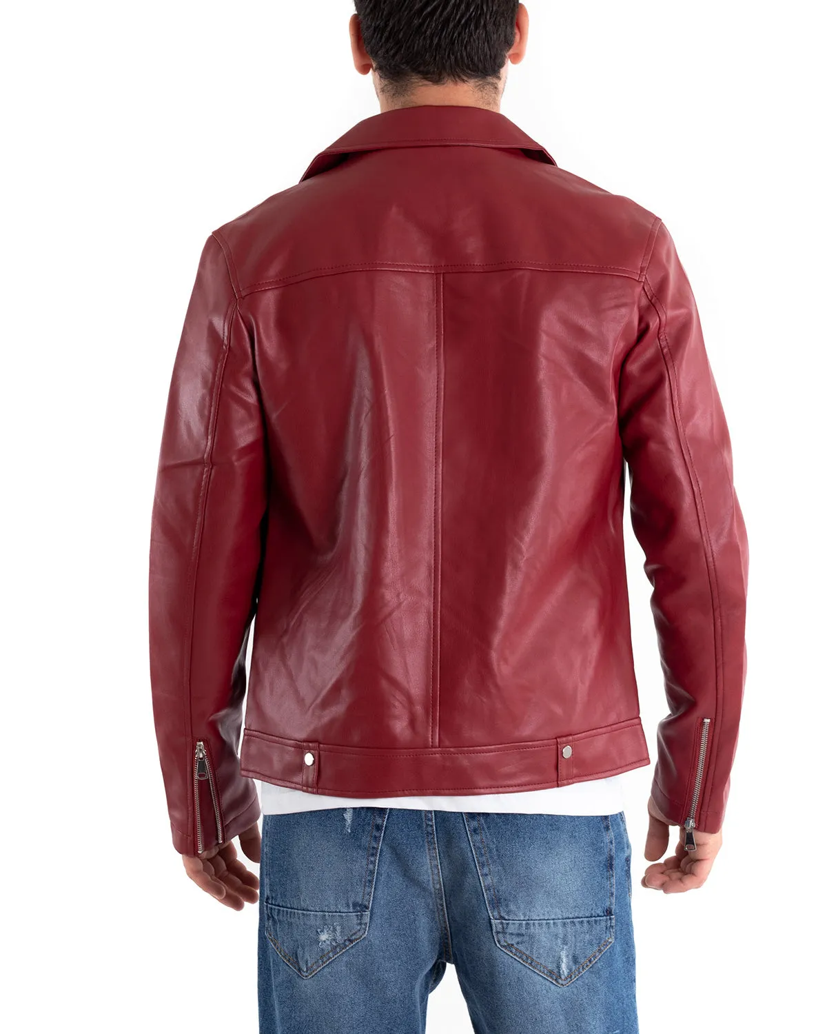 Giubbotto Uomo Biker Chiodo Ecopelle Tinta Unita Bordeaux GIOSAL-G2868A