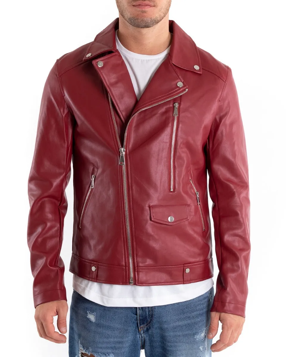 Giubbotto Uomo Biker Chiodo Ecopelle Tinta Unita Bordeaux GIOSAL-G2868A