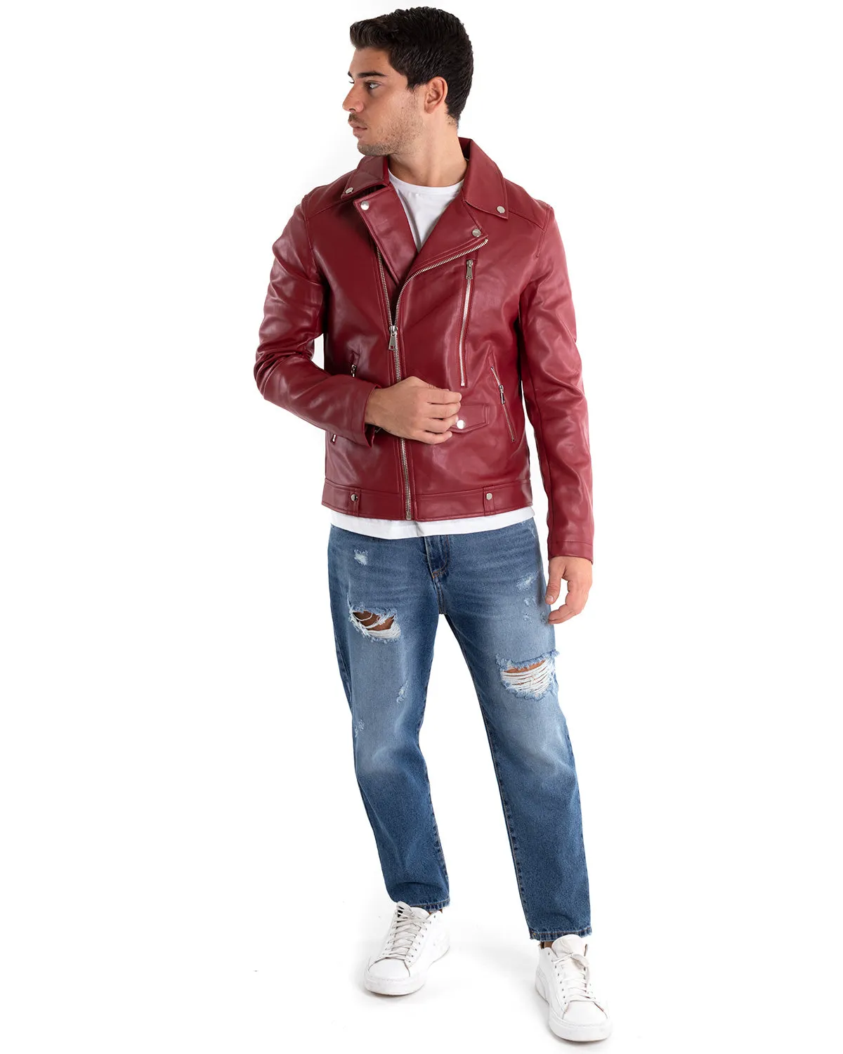 Giubbotto Uomo Biker Chiodo Ecopelle Tinta Unita Bordeaux GIOSAL-G2868A