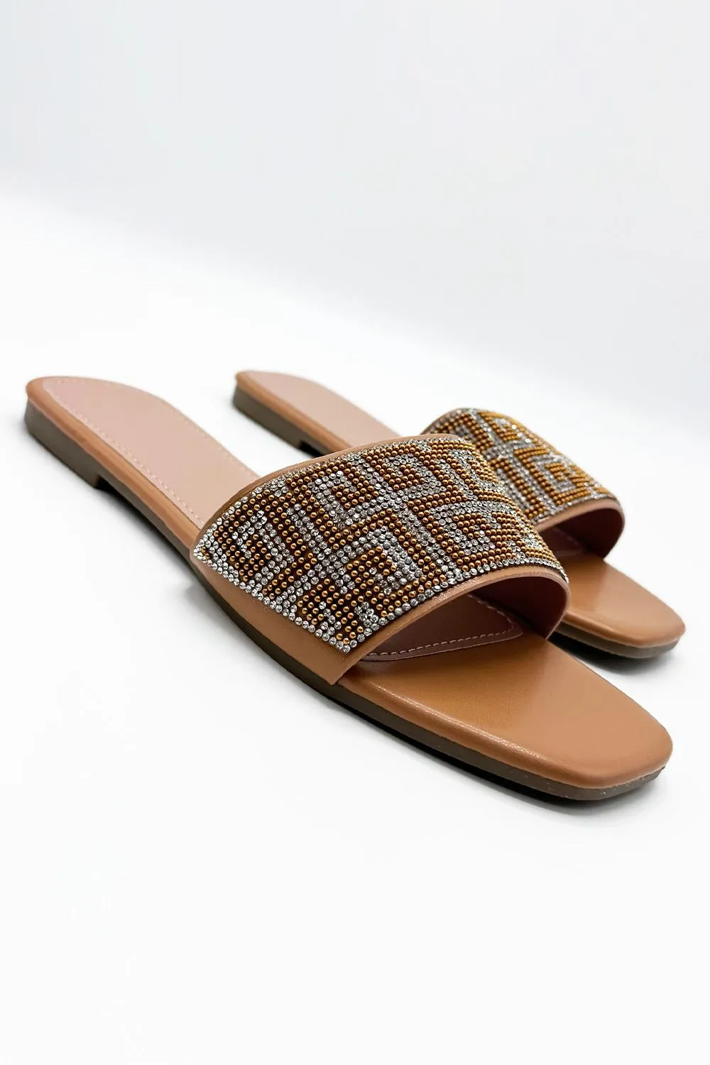 Gloria Diamante Patterned Band Flat Sliders in Camel