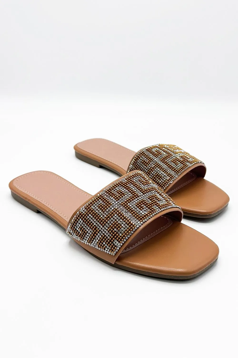 Gloria Diamante Patterned Band Flat Sliders in Camel