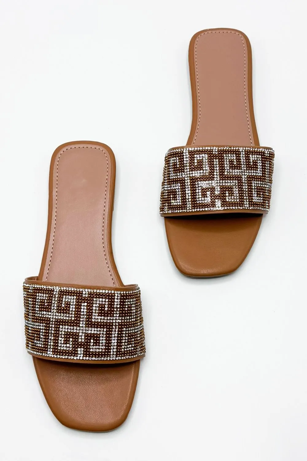 Gloria Diamante Patterned Band Flat Sliders in Camel