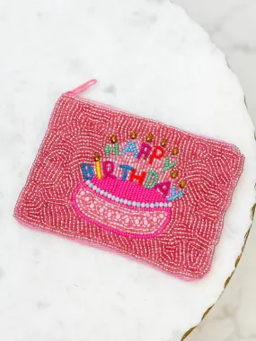 'Happy Birthday' Beaded Zip Pouch - Pink