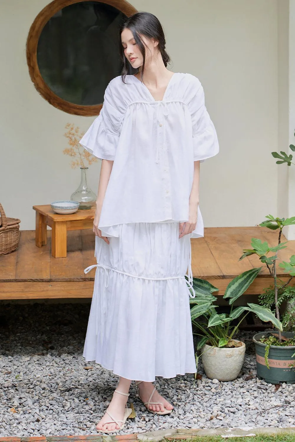 Iris Gathered V-Neck Linen Shirt