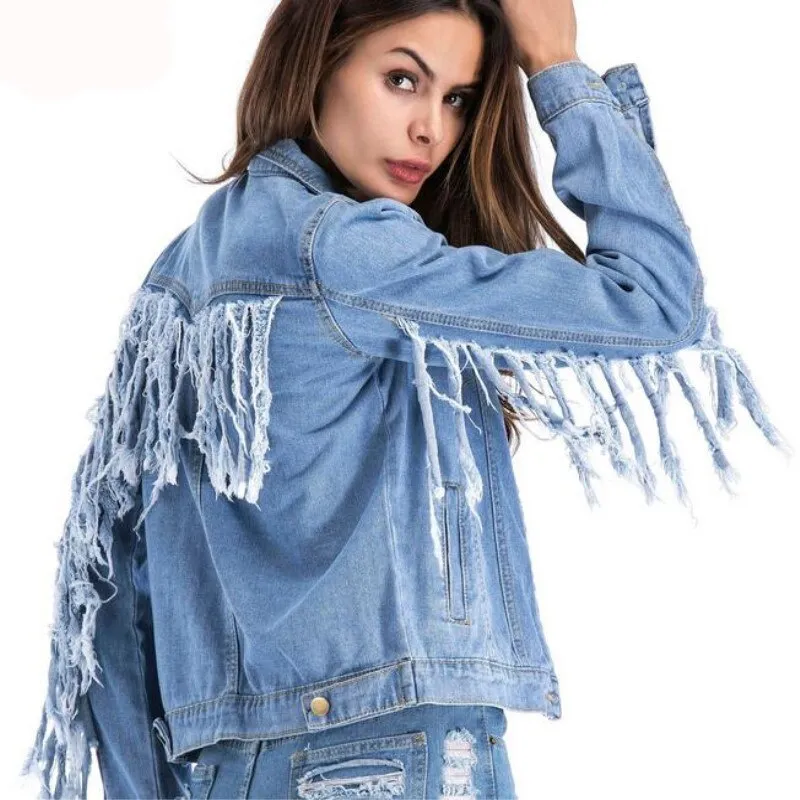 Jean Jacket With Fringed Sleeves Faded Denim Front Pockets Destroyed Fringe Boho Festival Concert Coat Available In Medium Or Large