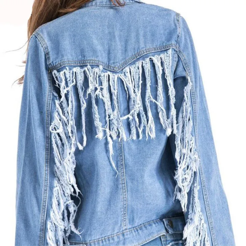 Jean Jacket With Fringed Sleeves Faded Denim Front Pockets Destroyed Fringe Boho Festival Concert Coat Available In Medium Or Large