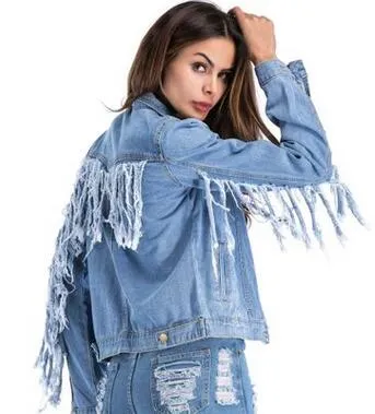 Jean Jacket With Fringed Sleeves Faded Denim Front Pockets Destroyed Fringe Boho Festival Concert Coat Available In Medium Or Large