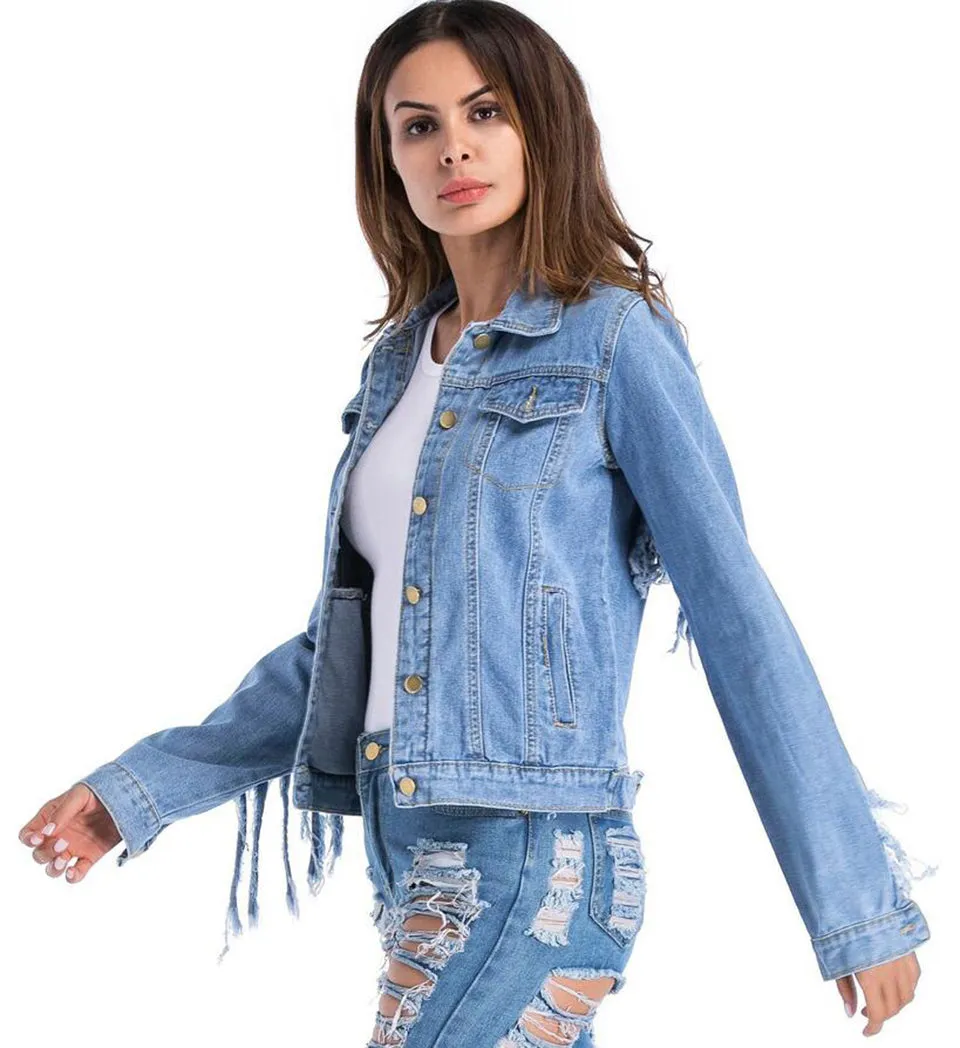 Jean Jacket With Fringed Sleeves Faded Denim Front Pockets Destroyed Fringe Boho Festival Concert Coat Available In Medium Or Large