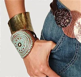 Leather Cuff Bracelet Mehndi Patina Mandala Tooled Genuine Cowhide Boho Brass Stud Adjustable Size Snap Closure Designed By Karen Kell