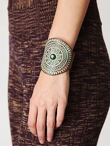 Leather Cuff Bracelet Mehndi Patina Mandala Tooled Genuine Cowhide Boho Brass Stud Adjustable Size Snap Closure Designed By Karen Kell