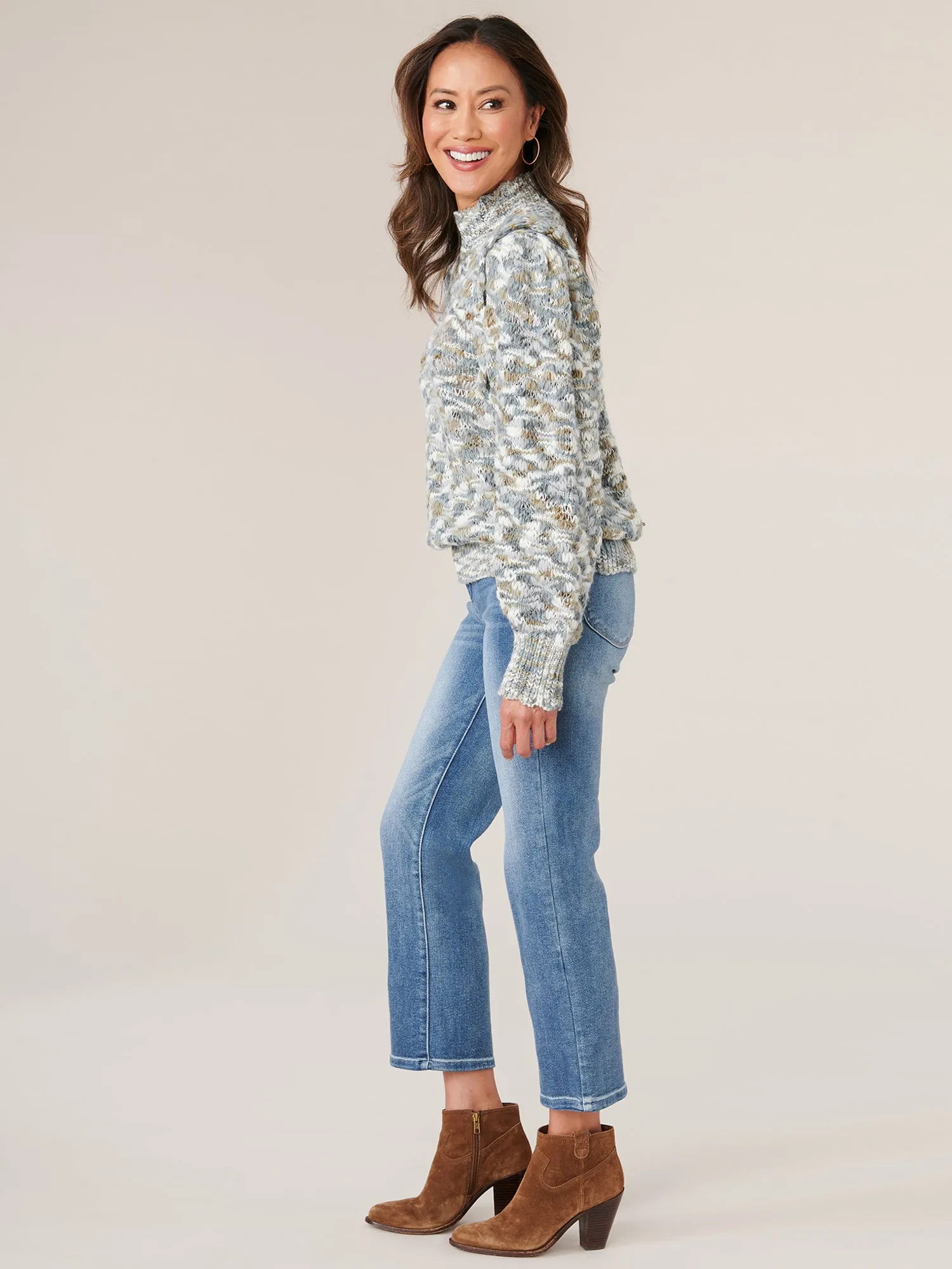 Long Blouson Sleeve Pleat Shoulder Mock Scallop Edge Neck Sweater