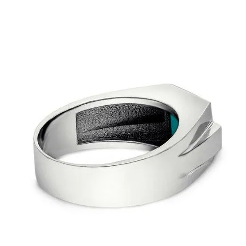 New Mens Solid 14K White Gold Turquoise Ring 0.08ct Natural Diamond