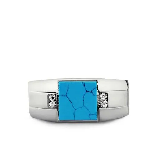 New Mens Solid 14K White Gold Turquoise Ring 0.08ct Natural Diamond