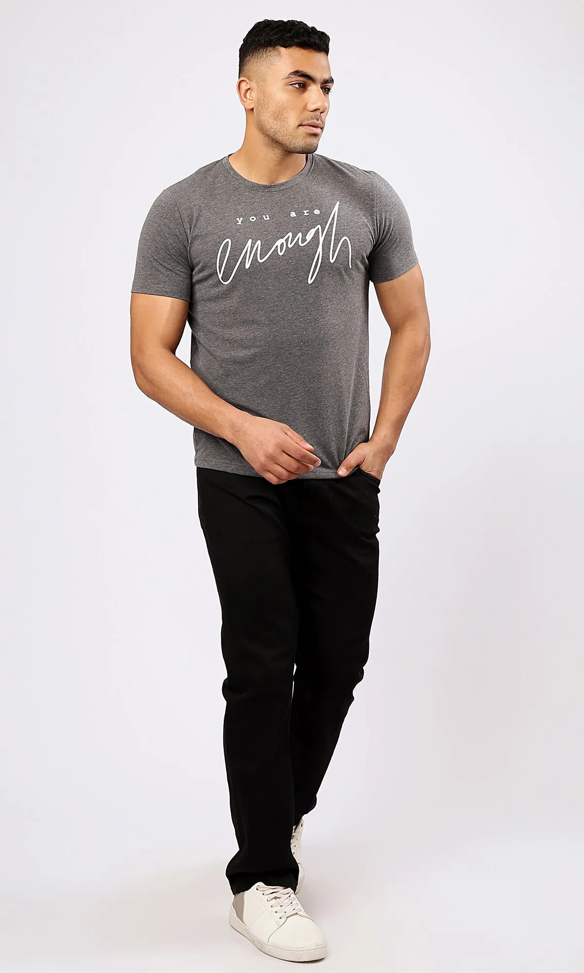 O182208 Printed You Are Enough Heather Dark Grey Tee