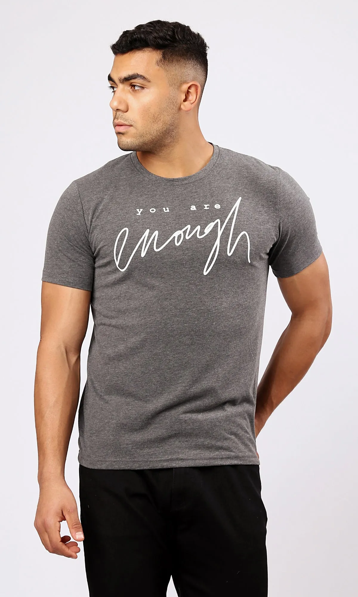 O182208 Printed You Are Enough Heather Dark Grey Tee