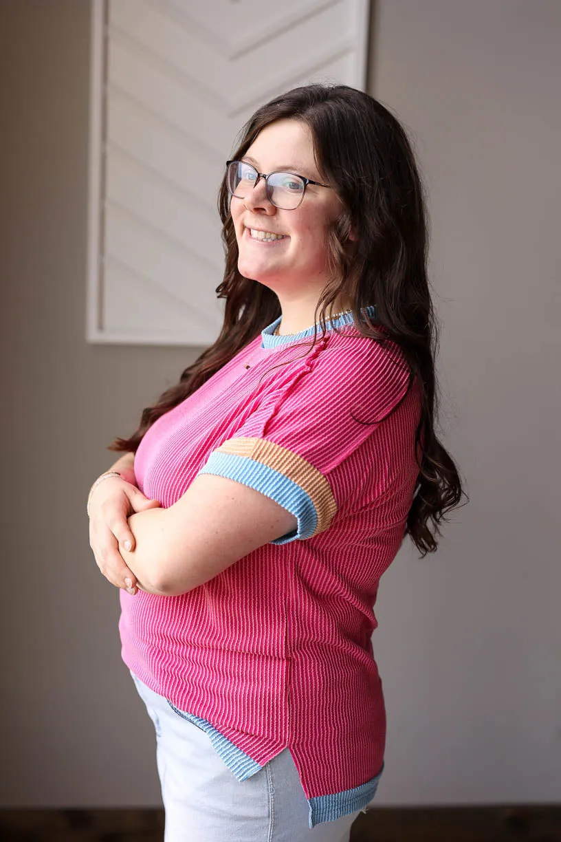 Pink Textured Contrast Top