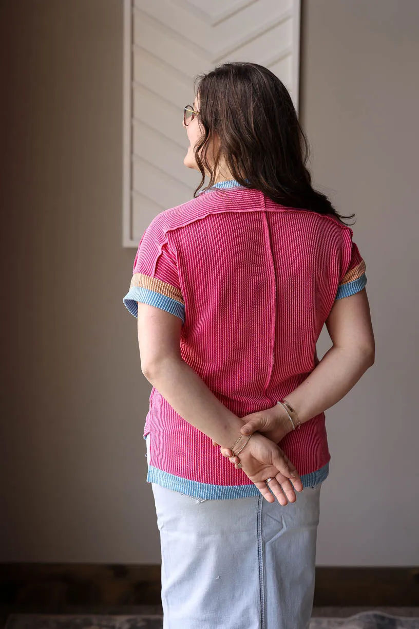 Pink Textured Contrast Top