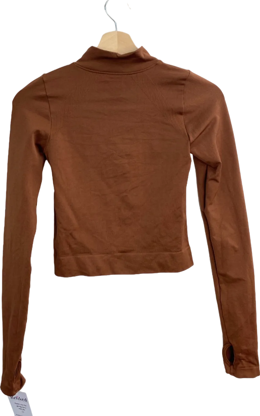 PrettyLittleThing Brown Half Zip Long Sleeve Top UK XS