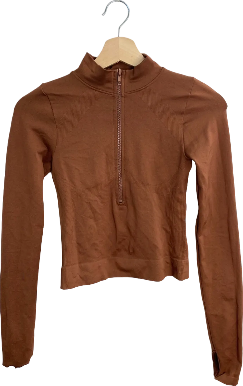 PrettyLittleThing Brown Half Zip Long Sleeve Top UK XS