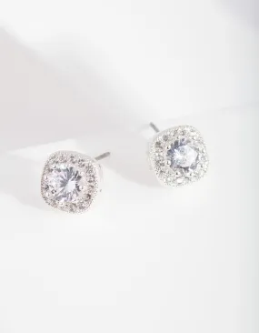 Silver Cubic Zirconia Vintage Pave Stud Earrings