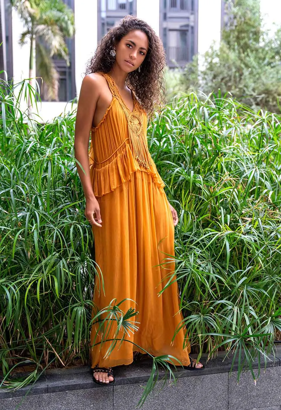 TRANSITION - MACRAME ARTWORK CHIFFON MAXI DRESS