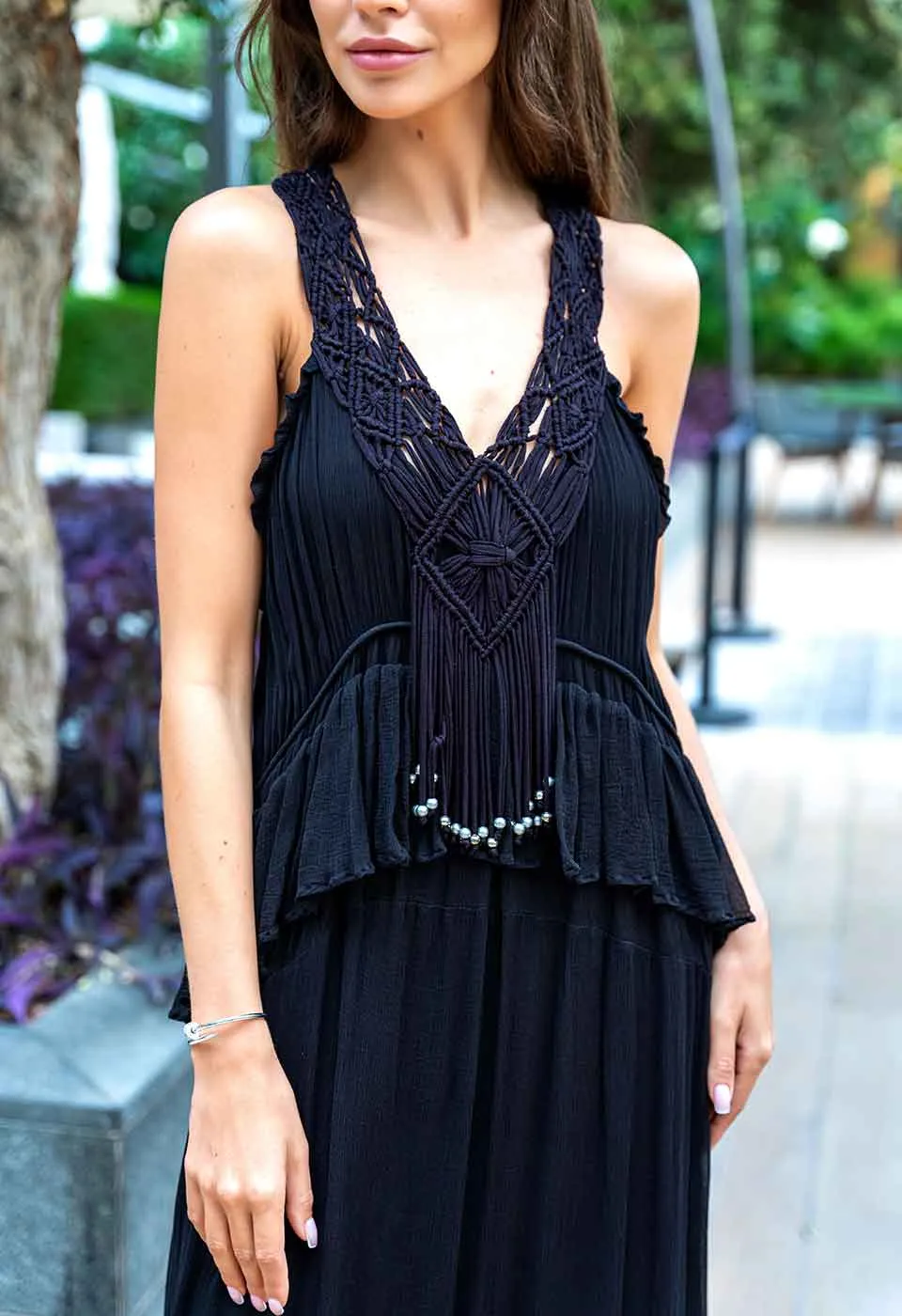 TRANSITION - MACRAME ARTWORK CHIFFON MAXI DRESS