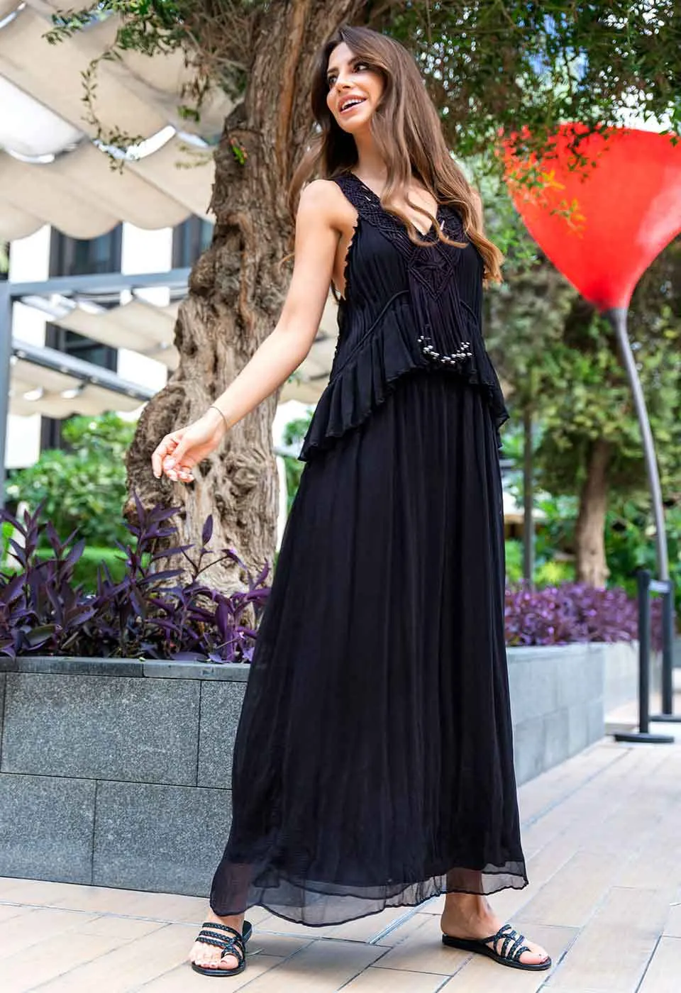 TRANSITION - MACRAME ARTWORK CHIFFON MAXI DRESS