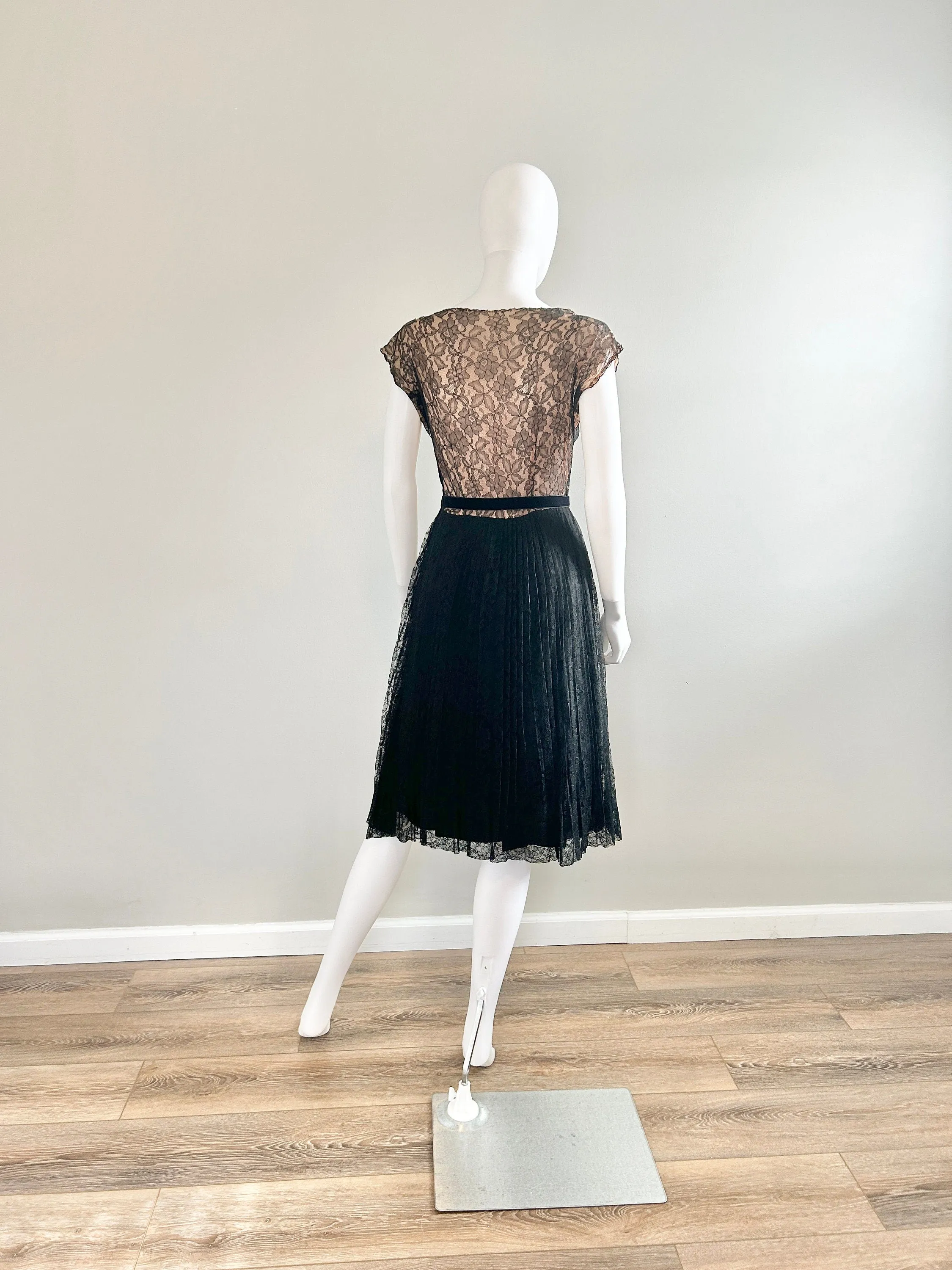 Vintage 1950s Black Lace Illusion Party Dress / 50s retro fit and flare dress / Size S